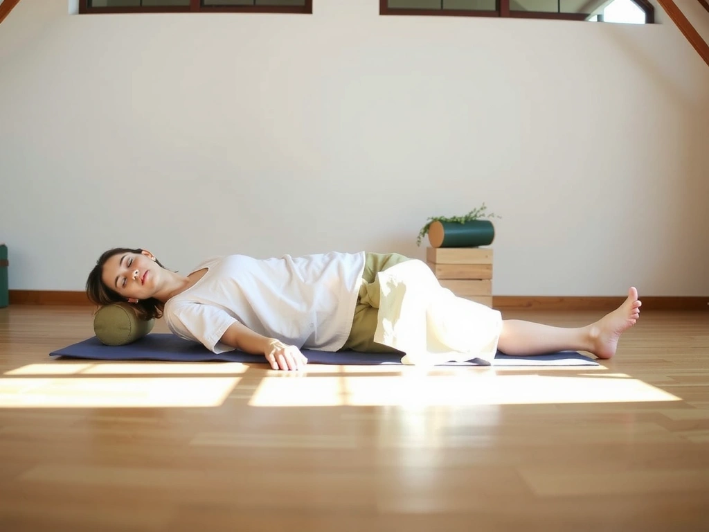 Person relaxing in a restorative yoga pose with props