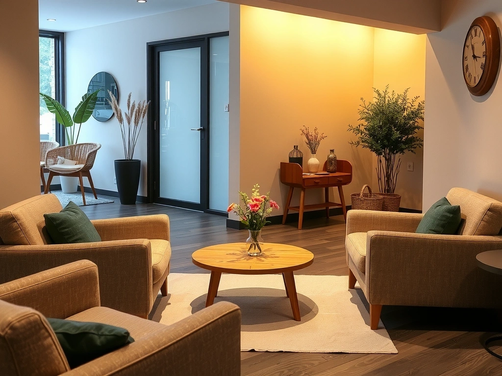 Cozy reception area with comfortable seating and warm decor