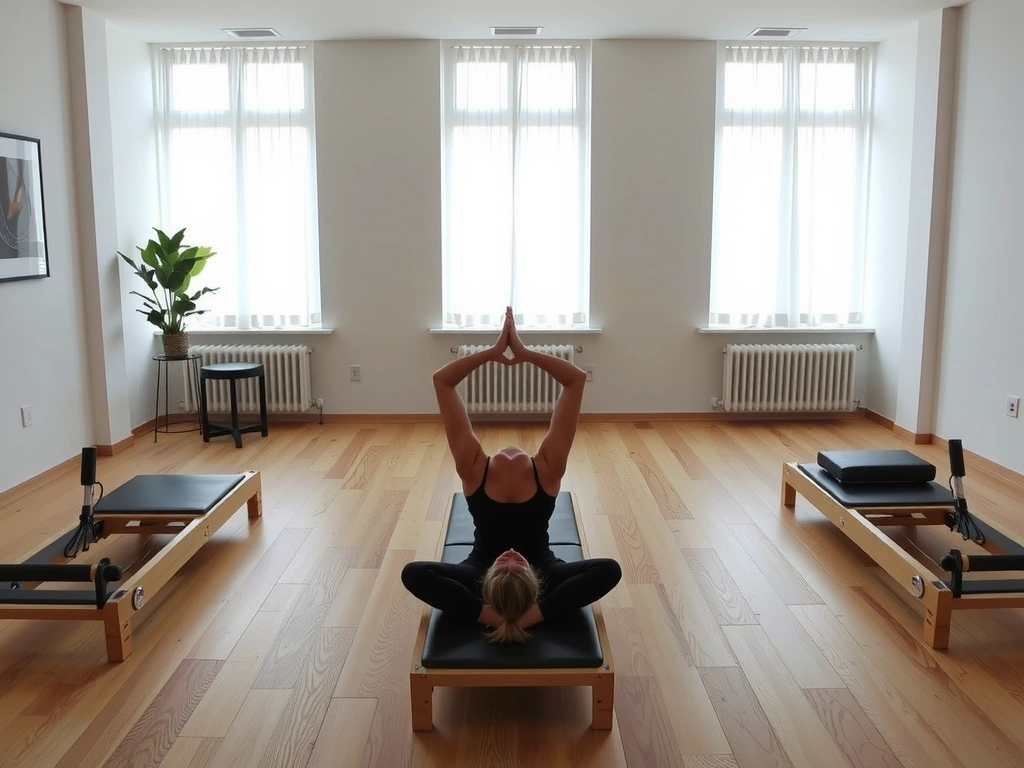 Pilates studio with reformers and calm atmosphere