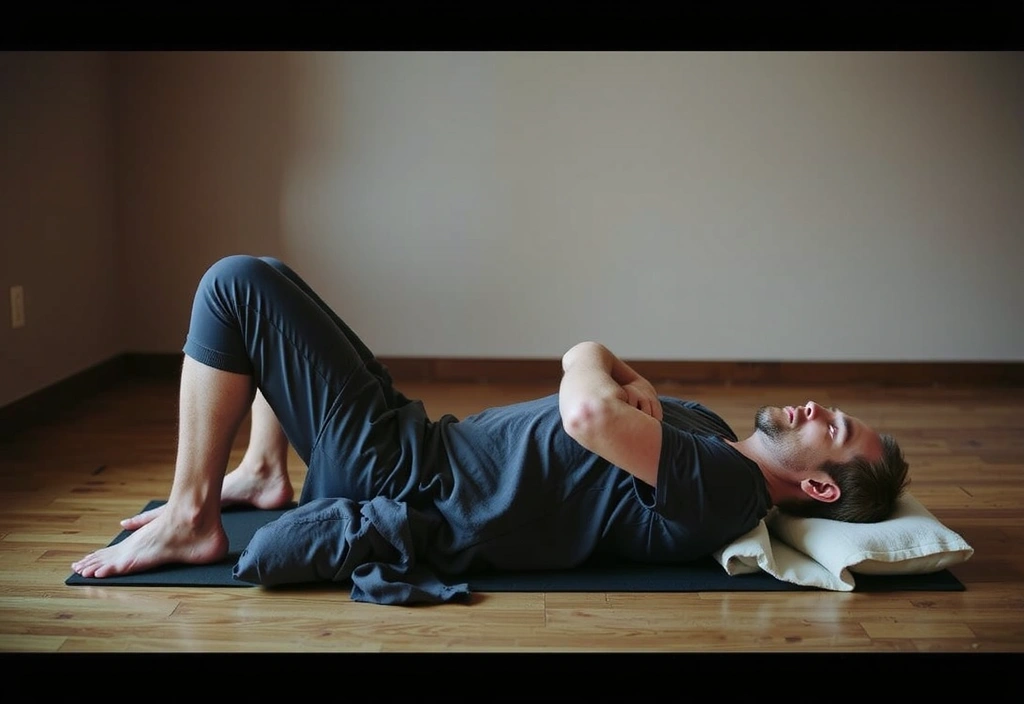 Ben Carter demonstrating a supported restorative yoga pose with bolsters and blankets.
