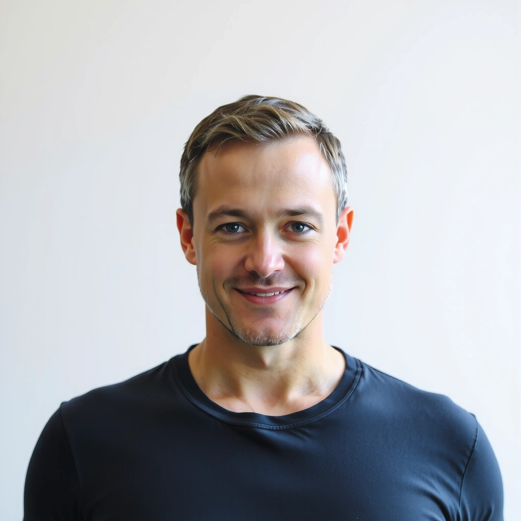 Professional portrait of Ben Carter, a male yoga instructor with a calm and focused expression