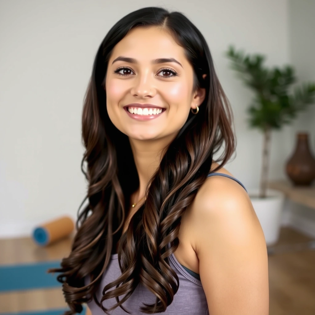 Professional portrait of Anya Sharma, a yoga instructor with a warm smile