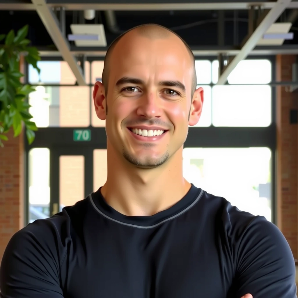 Professional portrait of Marcus Green, a strong male yoga instructor with a confident expression