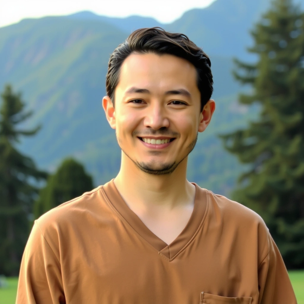 Professional portrait of David Lee, a calm male yoga instructor with a gentle expression